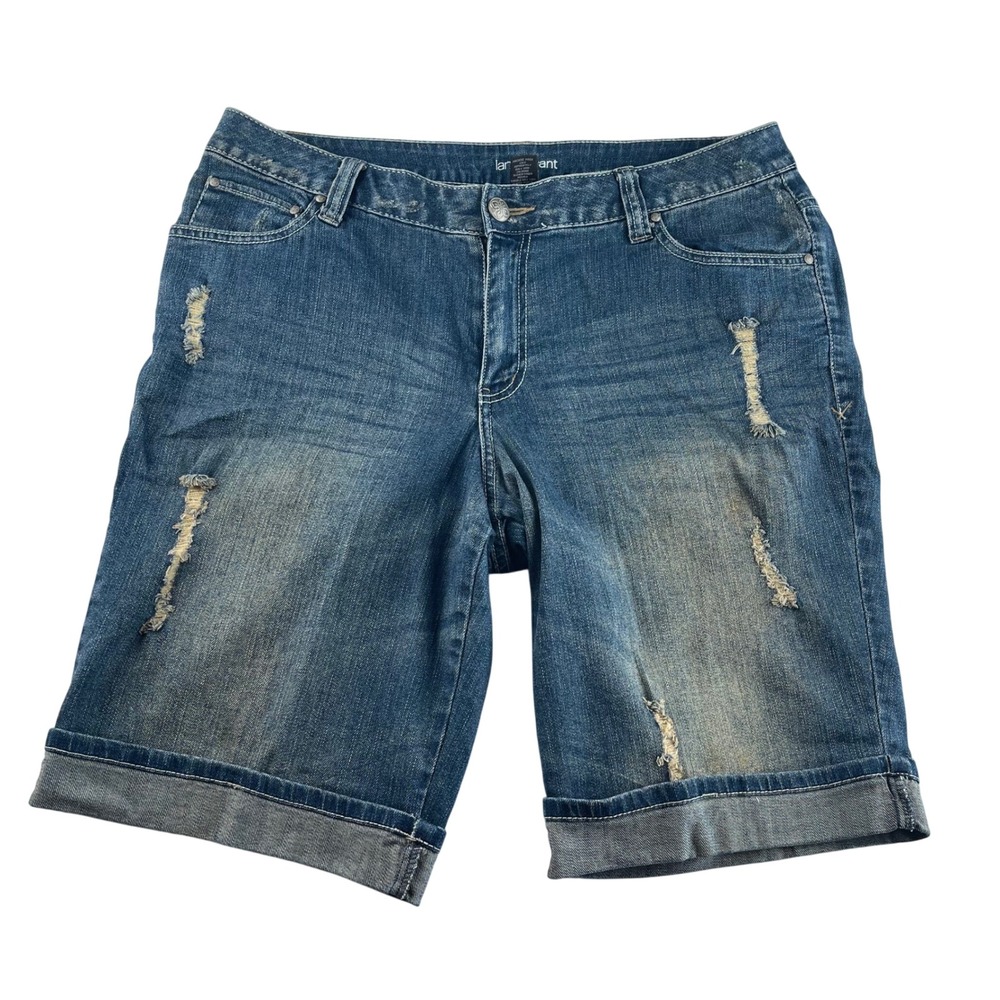 Lane Bryant Distressed Bermuda Denim Shorts Women's 18 Blue Mid Rise Stretch